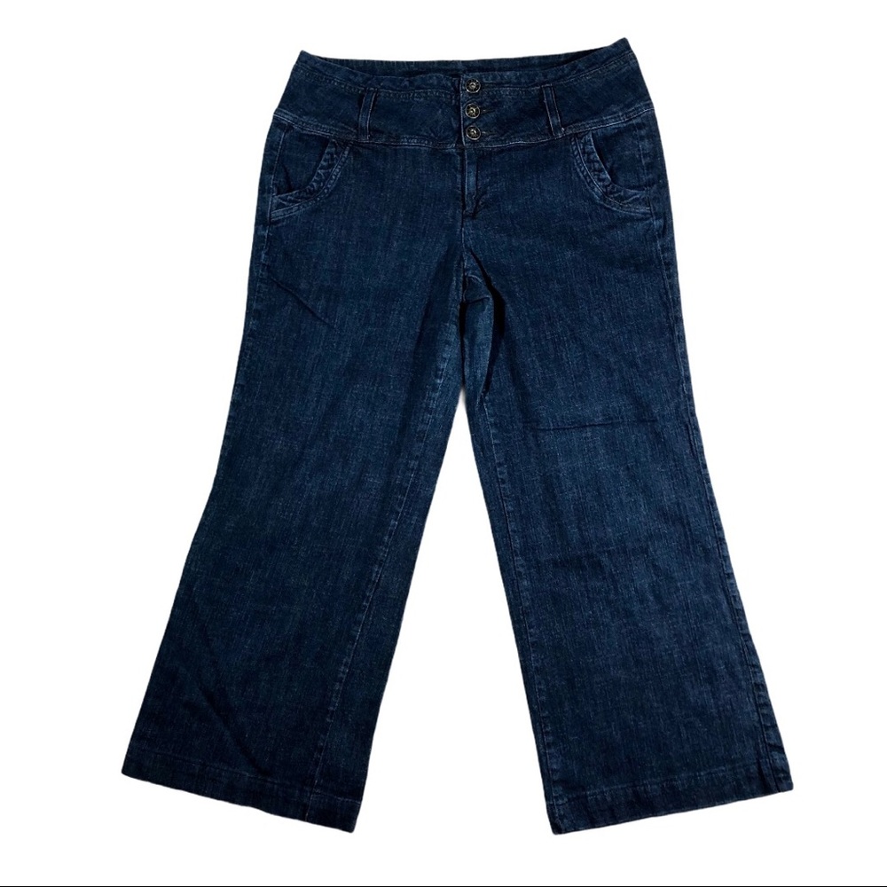 ELLE 3 Button Fly Wide Leg Flare Dark Wash Jeans Denim Blue Trendy